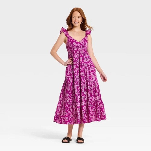 Universal Thread Dresses & Skirts - Universal Thread NWT Purple Floral Tiered Midi Dress Ruffle Strap Cotton Small